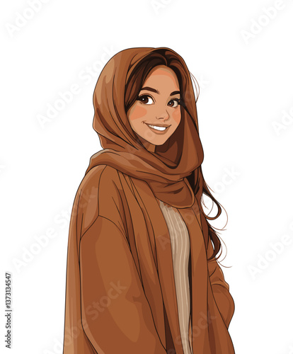 Joyful young Middle Eastern woman smiling while wearing a stylish brown hijab and a cozy sweater in a bright and cheerful setting