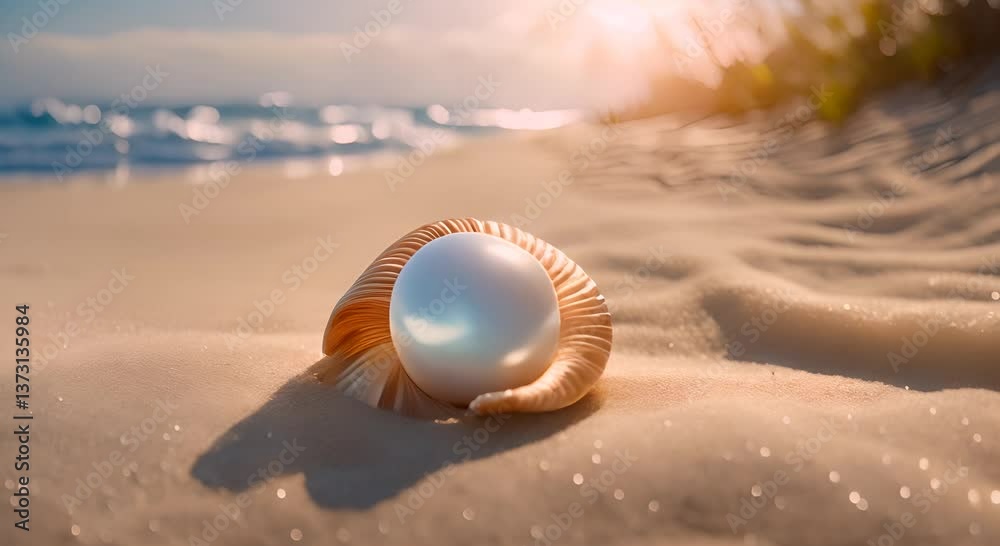 Pearl in a shell on the beach 4K