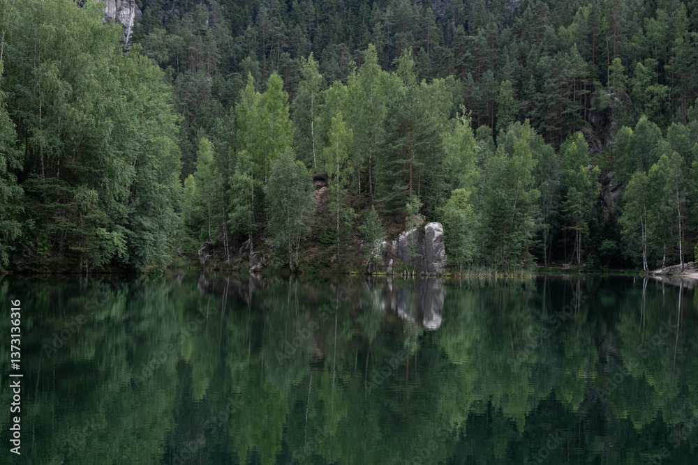 Fototapeta premium Forest reflecting in Lake water surface. Nature in Europe