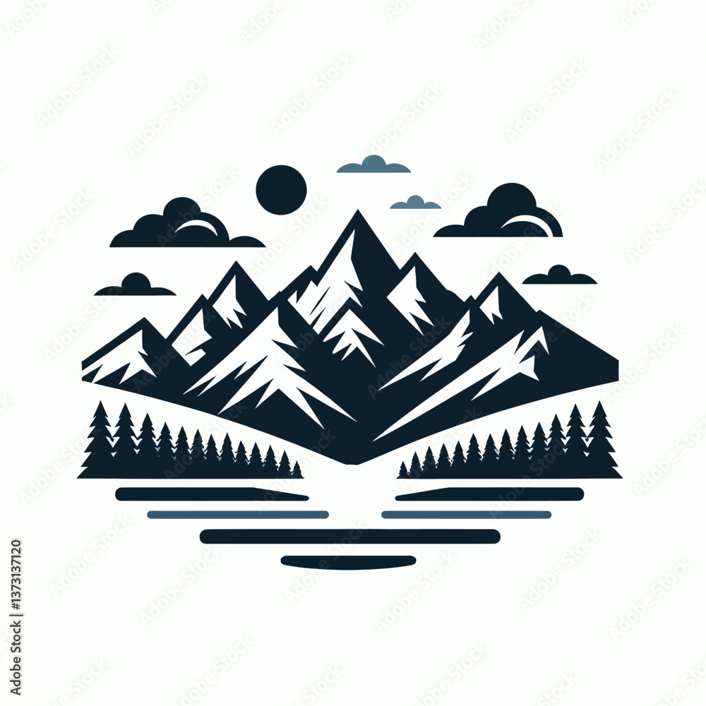 Uma paisagem com montanhas como logotipo, ilustração vetorial em formato EPS10 sobre fundo branco, perfeita para marcas relacionadas à natureza e aventura.