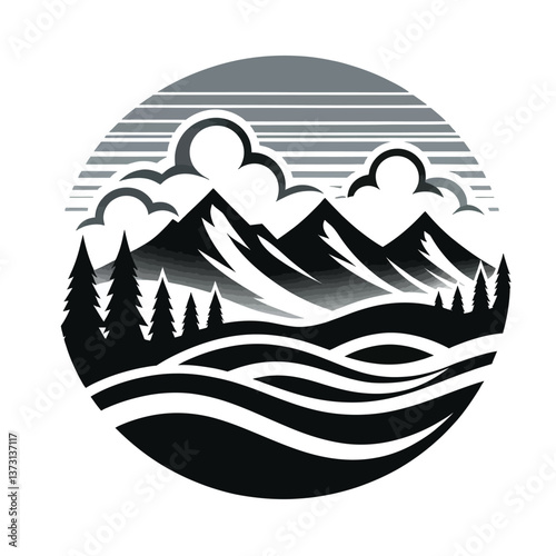 Un paisaje con montañas como logotipo, ilustración vectorial en formato EPS10 sobre fondo blanco, perfecto para marcas relacionadas con la naturaleza y la aventura.