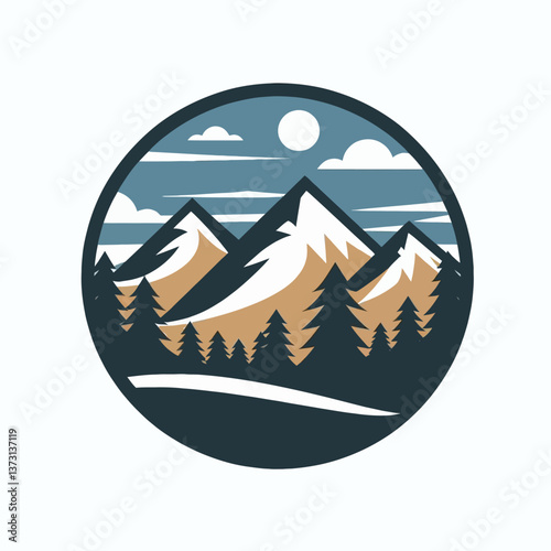 Un paisaje con montañas como logotipo, ilustración vectorial en formato EPS10 sobre fondo blanco, perfecto para marcas relacionadas con la naturaleza y la aventura.