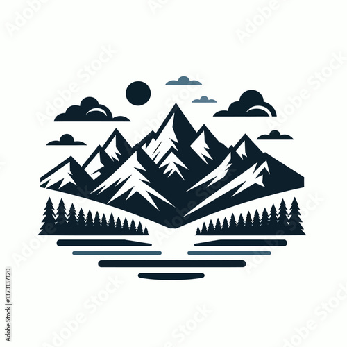 Uma paisagem com montanhas como logotipo, ilustração vetorial em formato EPS10 sobre fundo branco, perfeita para marcas relacionadas à natureza e aventura.
