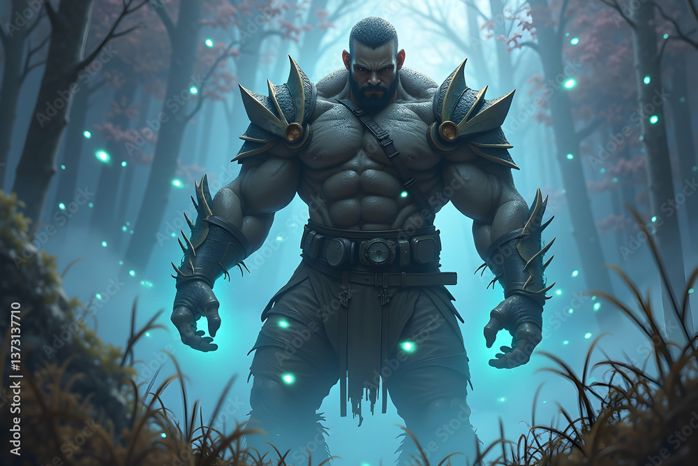 Fototapeta premium Imposing fantasy warrior in mystical forest with glowing orbs, showcasing strength, armor, and magical ambiance, creating an engaging visual narrative