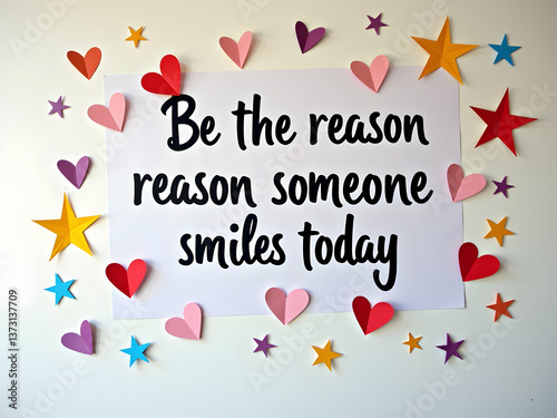 Inspirational message surrounded by colorful paper hearts and stars, Spreading positivity and encouraging acts of kindness to brighten someone's day