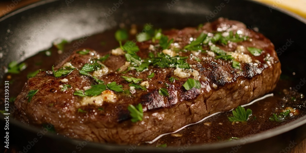 Thinly sliced beef in a pan with herbs and garlic butter sauce, cooking on stove top. Thinly sliced beef in a pan with herbs and garlic butter sauce, cooking on stove top.