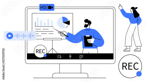 Male presenter explaining charts on screen, accompanied by recording icons and actions for content creation. Ideal for webinars, e-learning, virtual training, tutorials, video editing, content