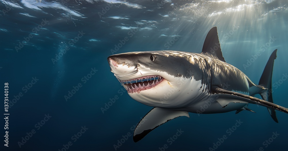 Fototapeta premium Portrait d'un grand requin blanc, gueule ouverte avec un appareil dentaire, nageant paisiblement dans l'océan, la lumière du soleil traversant la surface de l'eau, image avec espace pour texte.