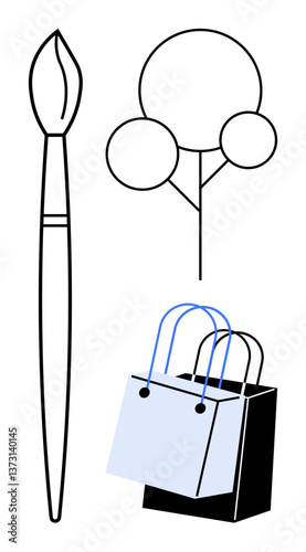 Paintbrush standing vertically beside an abstract tree and two shopping bags. Ideal for creativity, nature, commerce, simplicity, minimalism, art, consumerism themes, abstract line flat metaphor
