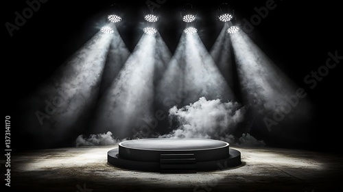 Dark Stage with Spotlight, Podium, and Smoke.