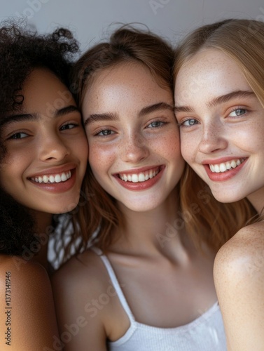 Friends embracing in a joyful moment, diverse skin tones and makeup styles, positive expressions, close-up portrait of young adults