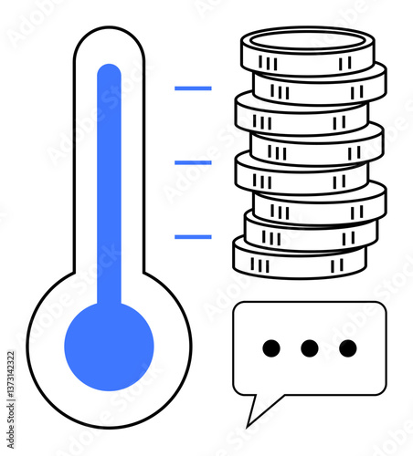 Blue thermometer with progress markers beside coin stack and dotted speech bubble. Ideal for fundraising, donations, savings goals, financial campaigns, investments, sponsorship, flat simple metaphor