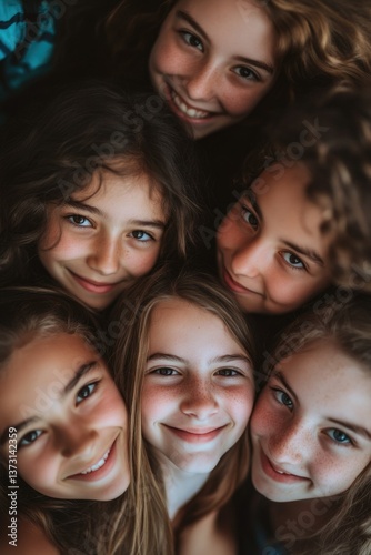 Friendly cheerful faces of young girls gathered together