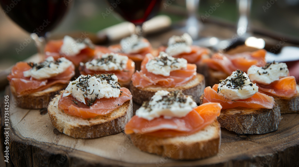 An assortment of red wine and bruschetta topped with cheese and salmon served on a rustic wooden platter An assortment of red wine and bruschetta topped with cheese and salmon served on a rustic wooden platter