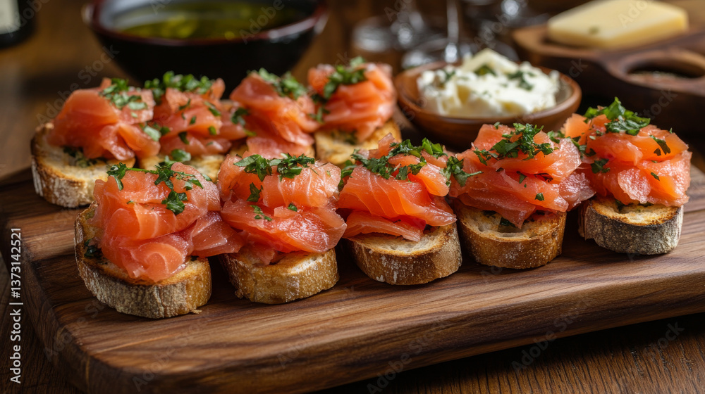 An assortment of red wine and bruschetta topped with cheese and salmon served on a rustic wooden platter An assortment of red wine and bruschetta topped with cheese and salmon served on a rustic wooden platter