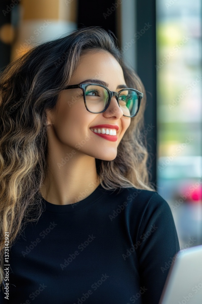 Smiling professional lady wearing glasses, casual business attire, in modern office setting.