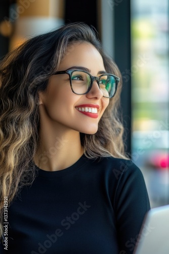 Obraz na płótnie Smiling professional lady wearing glasses, casual business attire, in modern office setting. w salonie