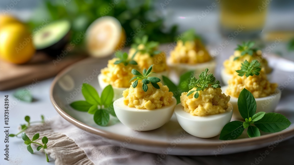 Gourmet Easter Brunch Table with Stuffed Eggs and Decor