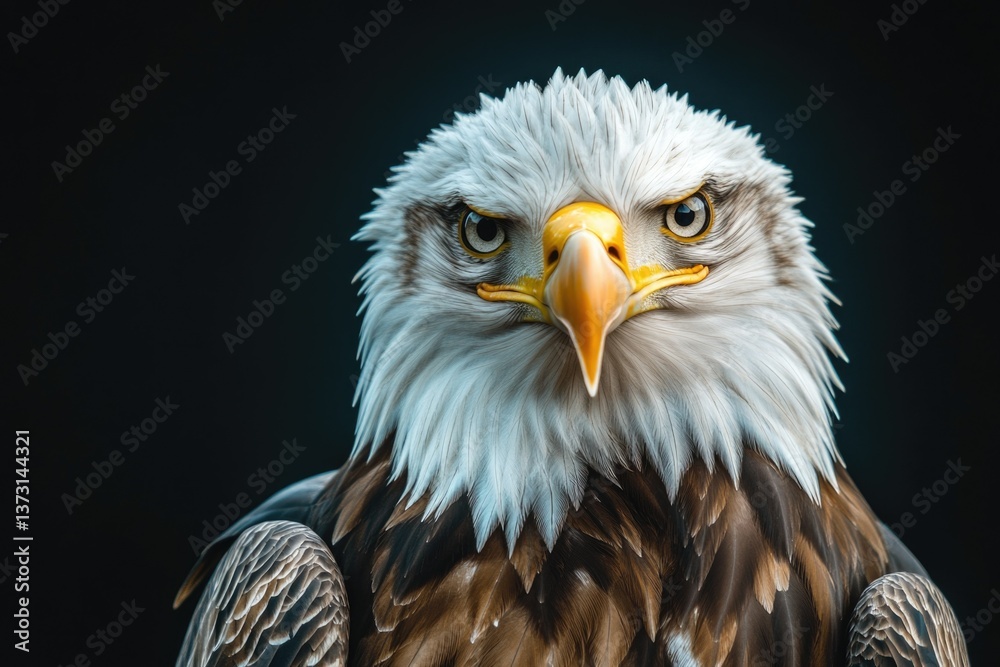 Close-up of an eagle's head with fierce expression, set against dark background for dramatic effect. Close-up of an eagle's head with fierce expression, set against dark background for dramatic effect.