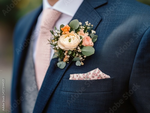 Man in suit with boutonniere and pocket square, formal wear for events or corporate occasions.