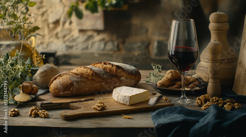 Rustic kitchen scene of traditional Mediterranean fare with bread, cheese, red wine, and walnuts