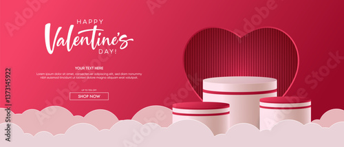 Realistic red 3D cylindrical podium with heart shaped background for valentine's day banner. Valentine's day minimal scene for products showcase, Promotional display. Vector room platforms.