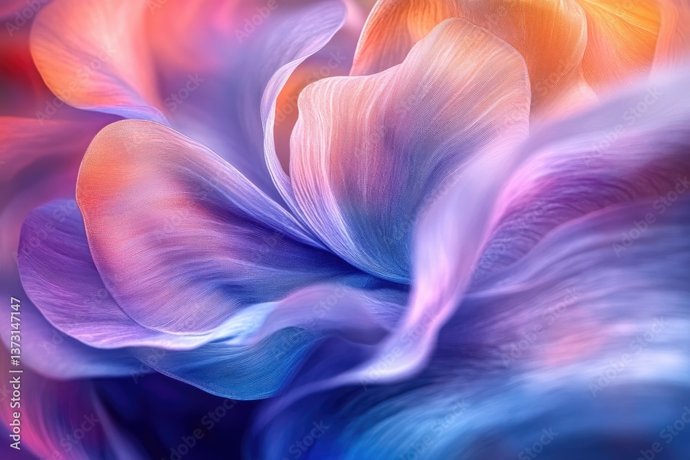 Abstract floral macro photography showcases vibrant petals in a dreamy blend of purple, orange, and blue. Abstract floral macro photography showcases vibrant petals in a dreamy blend of purple, orange, and blue.
