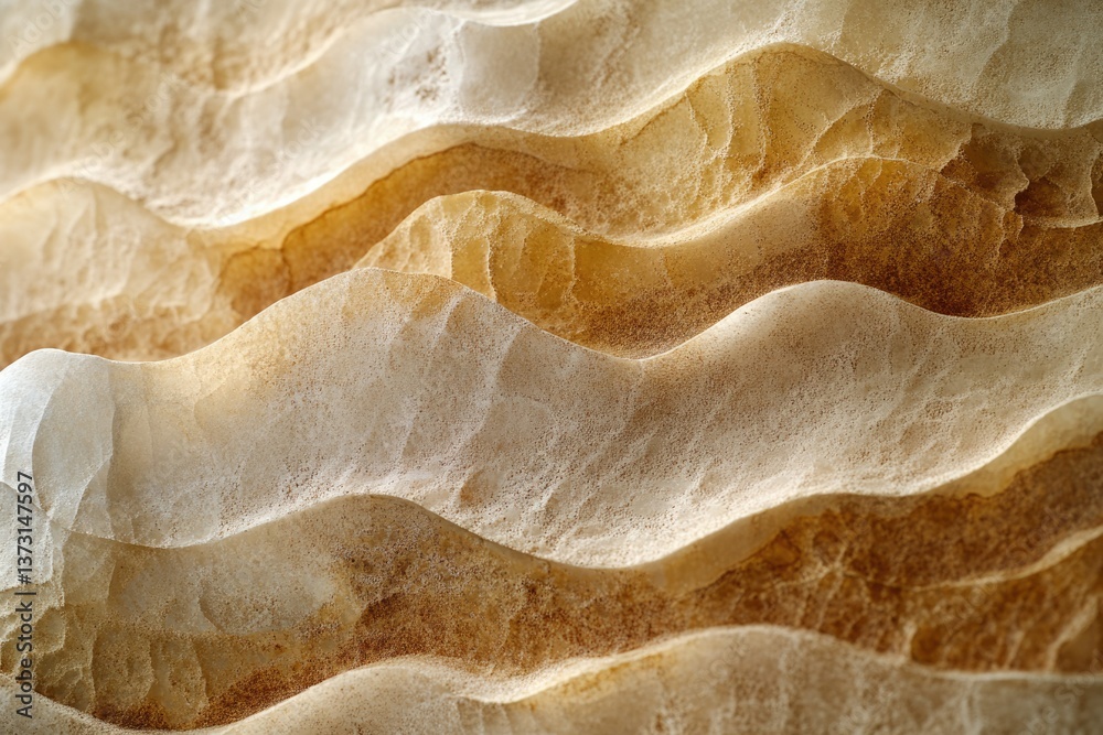 Abstract wavy stone formation with layered beige and cream tones creating a textured, undulating surface.