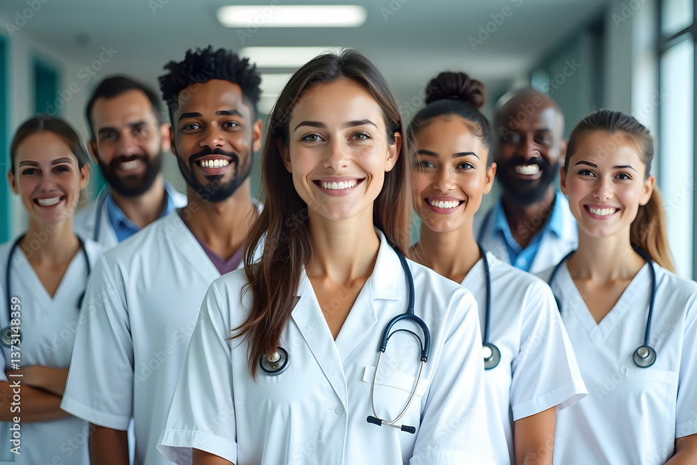 Smiling Faces of Healthcare, Diverse Team of Doctors and Nurses Radiating Confidence and Expertise in a Modern Hospital Setting Ready to Provide Care Smiling Faces of Healthcare, Diverse Team of Doctors and Nurses Radiating Confidence and Expertise in a Modern Hospital Setting Ready to Provide Care
