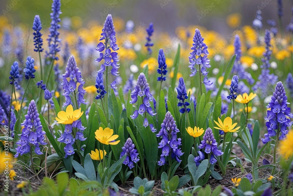 Fototapeta premium Vibrant Spring Landscape Featuring Wildflowers and Violets Showcasing Nature's Beauty and Growth