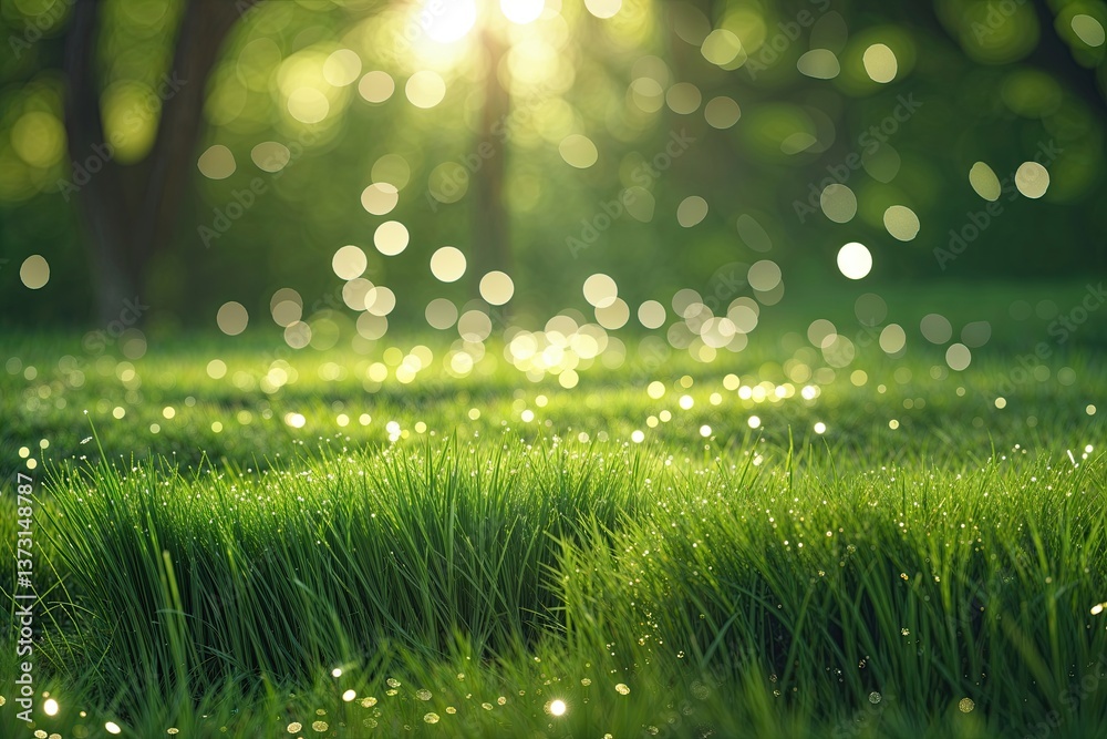 Obraz premium Luminous Bokeh on Enchanted Grass Carpet Under Soft Sunlight in Lush Nature Background