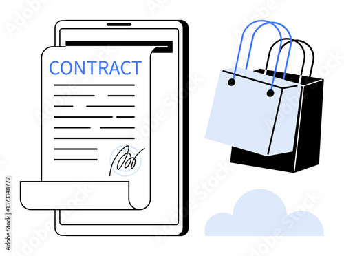 Tablet displaying a signed contract, alongside shopping bags and cloud. Ideal for digital agreements, e-commerce, online shopping, cloud storage, remote work, business transactions, mobile apps