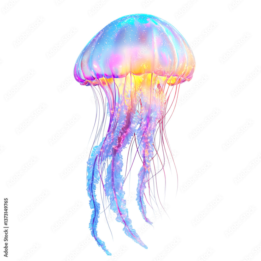Glowing Jellyfish with Neon Tentacles Isolated on Transparent Background Glowing Jellyfish with Neon Tentacles Isolated on Transparent Background