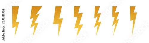 Lightning comic bolt with yellow grunge effect. Electric halftone sticker pictogram. Flat vector illustration isolated on white background.