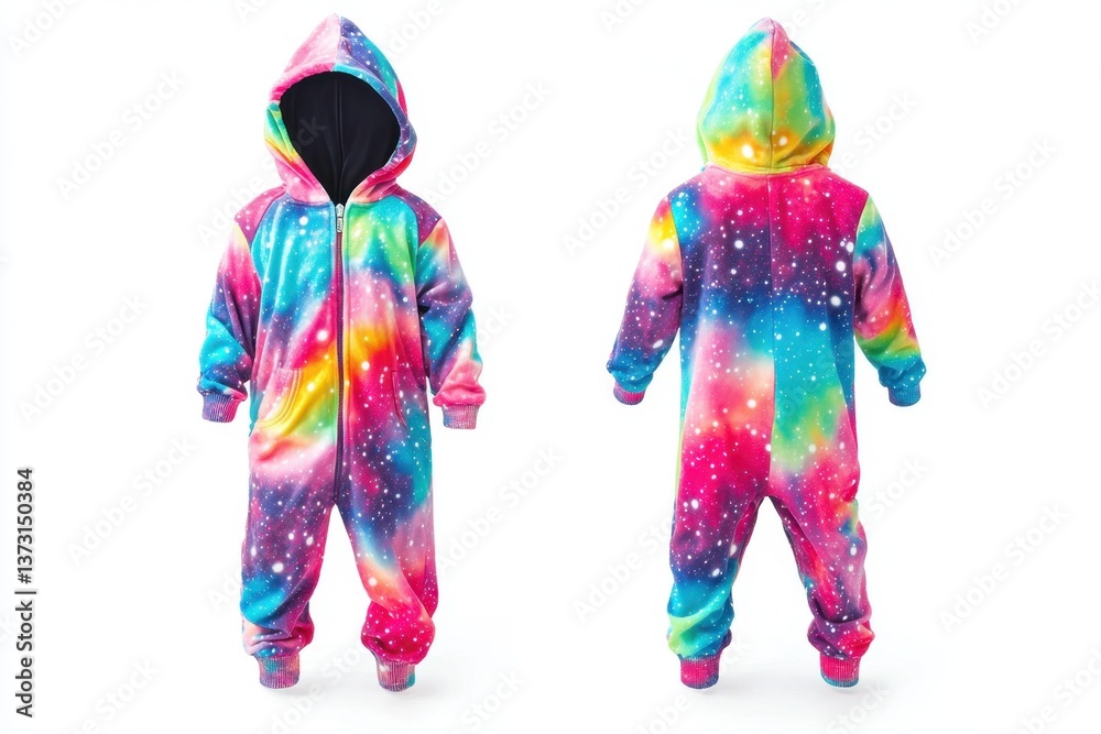 Vibrant galaxy-patterned hooded toddler jumpsuit showcasing front and back style. Generated AI Vibrant galaxy-patterned hooded toddler jumpsuit showcasing front and back style. Generated AI