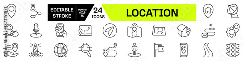 Location icon set. Linear style. Editable Stroke.