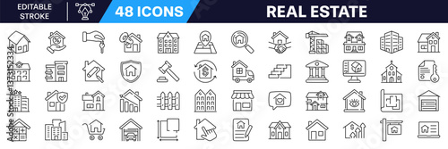 Real estate icon set. Building symbol. Linear style. Editable Stroke.