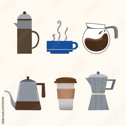 Coffee set with cup, coffee beans and coffee pots. Flat style. Vector illustration isolated on monochrome background. Element for coffee designs.