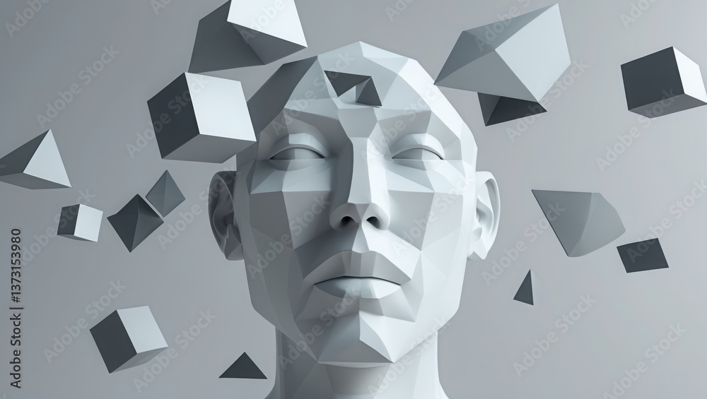 Fototapeta premium Gray low poly head with eyes closed surrounded by floating geometric shapes like cubes pyramids and triangles on gray background