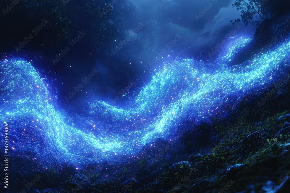 Fototapeta premium A mystical blue river of light flows through a dark, magical forest under a cloudy sky.