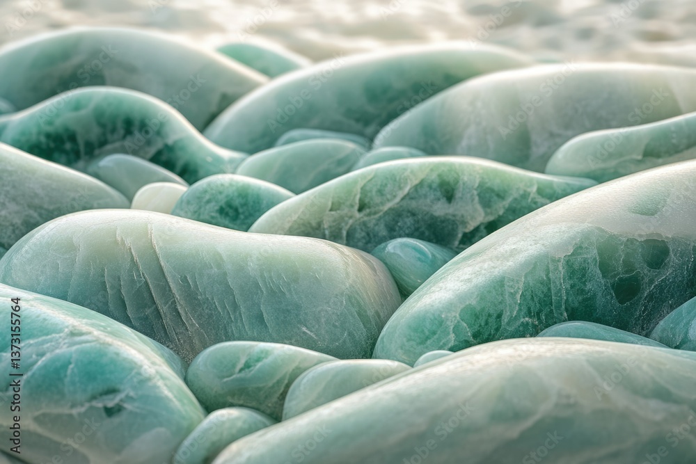 Fototapeta premium Close-up shot showcasing smooth, green-toned stones or pebbles, creating a textured and calming visual.