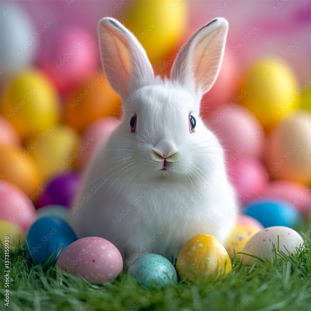 Easter composition with a white rabbit sitting among green grass with colorful Easter eggs, on a colorful background, front view. Easter composition with a white rabbit sitting among green grass with colorful Easter eggs, on a colorful background, front view.