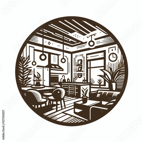 Icono vectorial de interior en formato EPS10 sobre fondo blanco, ideal para diseño, branding o sitios web relacionados con muebles, decoración y disposición del hogar.