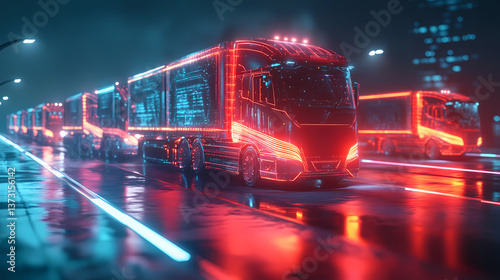 Supply chain optimization logistics operations concept. futuristic truck convoy glowing with real time route visualization. Fleeting Luminance. Illustration