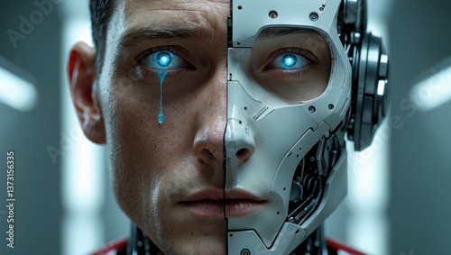Face divided into human and robot halves. Glowing blue eyes staring forward. Tear on human side. White mechanical face with visible circuits.