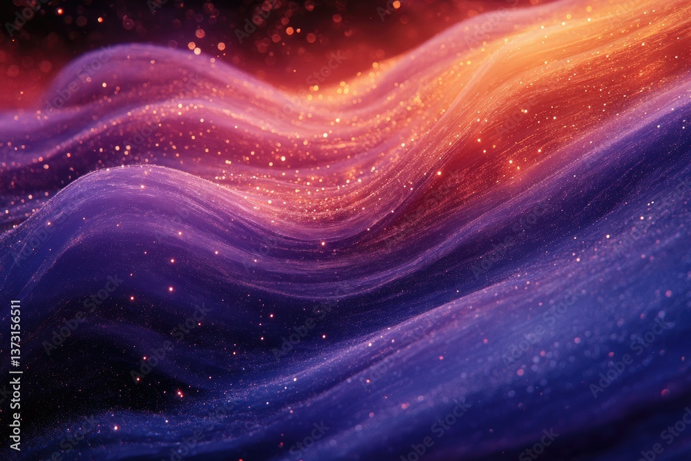 Obraz premium Abstract image of flowing, sparkling energy waves with a gradient of purple, orange, and red, resembling a nebula or cosmic phenomenon.
