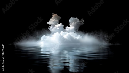 Abstract white smoke on a black background, fog and mist over a water surface. A dark room with a