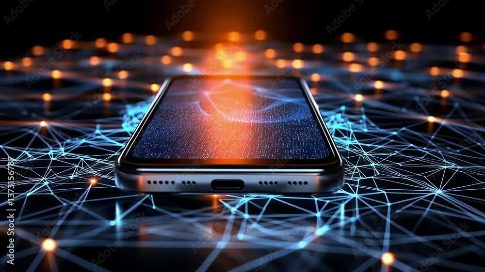 Futuristic smartphone displaying transforming data stream laying on network of connected dots representing cyber security, data protection and communication technology