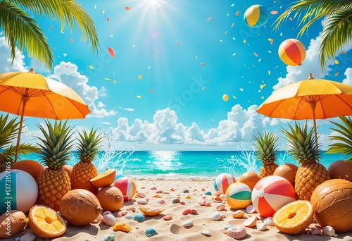Tropical beach scene with vibrant fruits and colorful umbrellas  