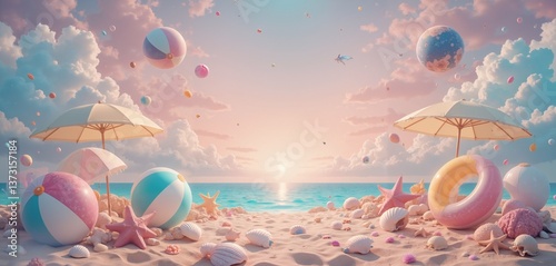 Dreamy beach scene with pastel colors and summer accessories  